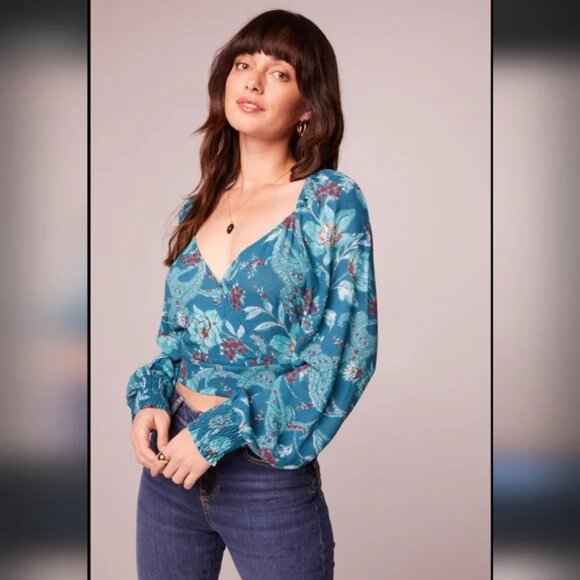Tops - Floral Wrap V-Neck Blouse in Teal